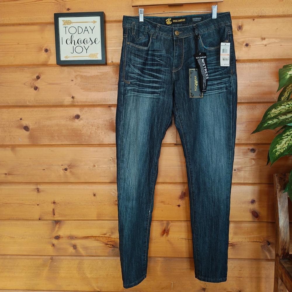 Rocawear NWT Hannah Skinny Mistress Dark Stone Wash Jeans Crosses Sz 14(34) x33